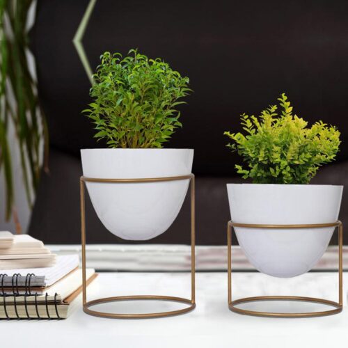 Trudene Metal Pot With Stand (White & Gold) - Set Of Two